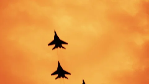 Armed russian fighter jets on the red sunset background Video stock 113544411