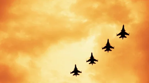 Armed russian fighter jets on the red sunset background Stock Footage 113544464