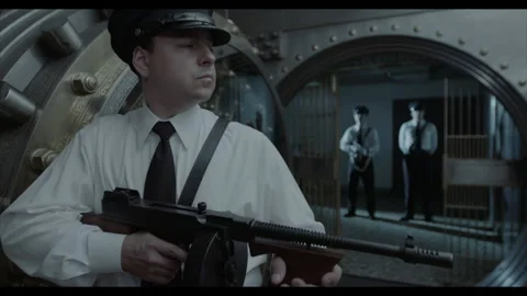 Armed Security Guards stand with Heavy Door, Bank Vault. Machine Gun Stock Footage 204933944