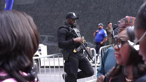 Armed security officer near UN during General Assembly 스톡 동영상 346265187