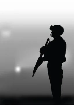 Armed soldier on a dark background. Stock Illustration