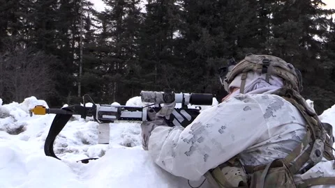 Armed soldier keeps lookout from defensive fighting position in snow Vidéo 237603600