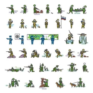 Armed soldiers in different action poses. Color vector illustration. Icon style Stock Illustration