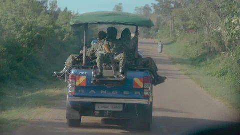 Armed soldiers sitting in the back of a moving pickup truck on a rural african Stock Footage 336532658