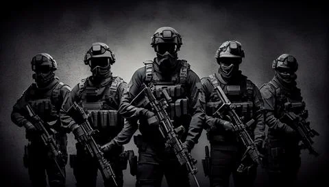 Armed special forces group on a dark background law and order protection co.. Stock Illustration