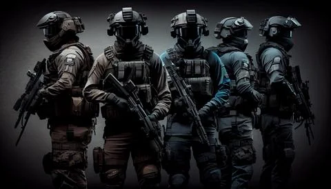 Armed special forces group on a dark background law and order protection co.. Stock Illustration