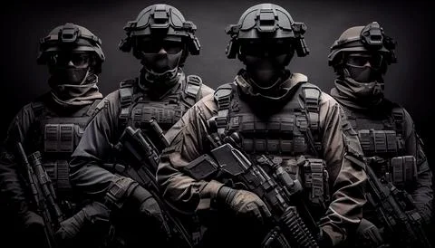 Armed special forces group on a dark background law and order protection co.. Stock Illustration