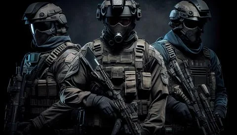 Armed special forces group on a dark background law and order protection co.. Stock Illustration