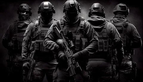 Armed special forces group on a dark background law and order protection co.. Stock Illustration