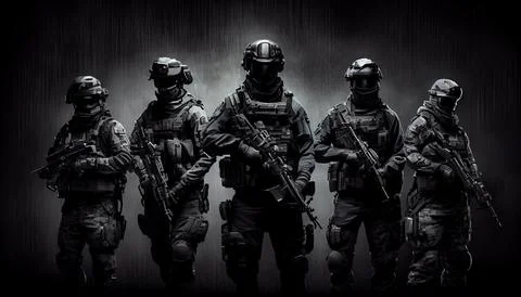 Armed special forces group on a dark background law and order protection co.. Stock Illustration