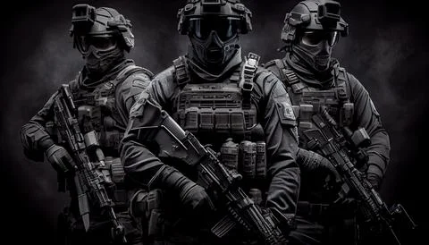 Armed special forces group on a dark background law and order protection co.. Stock Illustration