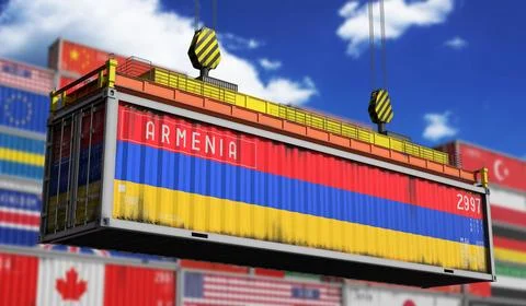 Armenia - cargo container lifted by crane in terminal - international trade.. Stock Illustration