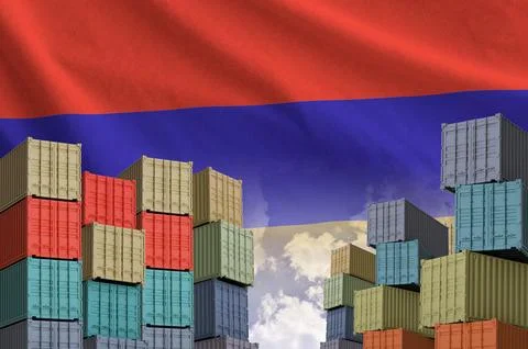 Armenia flag and big stack of shipping cargo containers in docks with sky イラスト素材