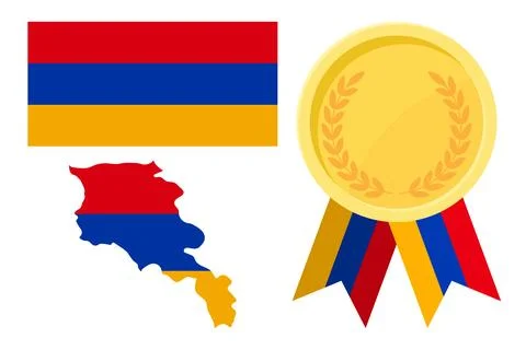 Armenia flag with map and gold medal in set for web and banners or app and .. Stock Illustration