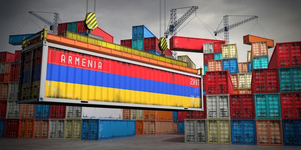 Armenia - freight container in cargo terminal - 3D illustration Stock Illustration