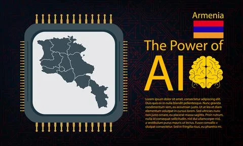 Armenia map with microchip war and AI concept on circuit board, Power of AI.. Illustrazione stock