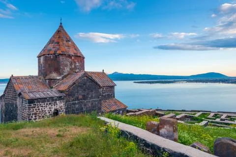 Armenias famous heritage, Lake Sevan and view of Sevanavank Monastery 스톡 사진