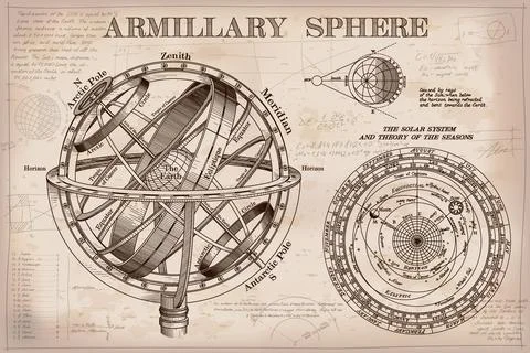 Armillary sphere on beige background. Illustrazione stock