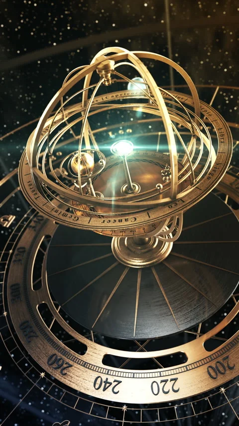 Armillary sphere with glowing planets orbiting through zodiac constellations Stock Footage 341347456