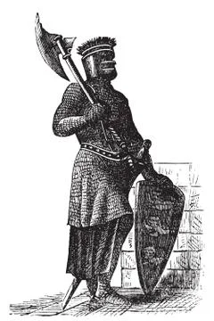 Armor and weapons during the first Crusades era, old engraving 库存插图