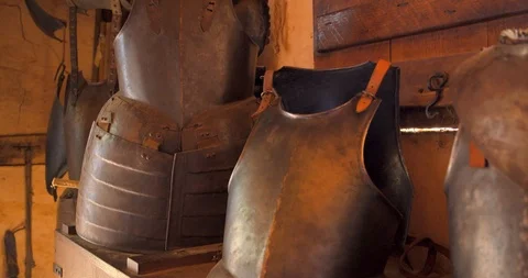 Armor, Weapons Inside Historic Armory, War Relics, Reenactment Stock Footage 120928221