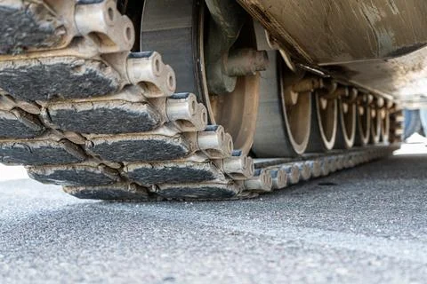 Armored forces tank track view from bottom Stock Photos