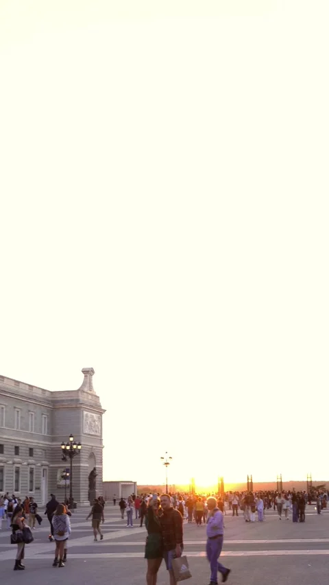 Of armory square between Madrid Royal Palace and Almudena Cathedral at sunset Stock Footage 217411098