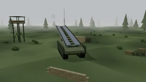 Armoured bridge layer deploying its folding scissor bridge in a forest clearing Stock Footage 341086967