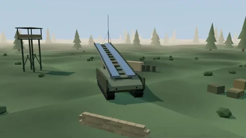 Armoured bridge layer deploying its span in woodland Video stock 341387073
