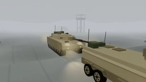 Armoured column emerging from thick fog with headlights on Stock Footage 341046624