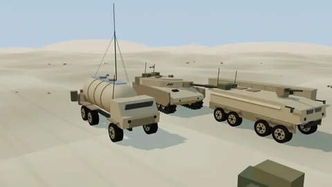 Armoured vehicles queued at a desert refuelling point beside a military fuel Stock Footage 341046276
