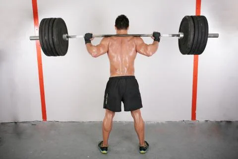 Arms and back of a young muscular man working out with a bar Stock Photos