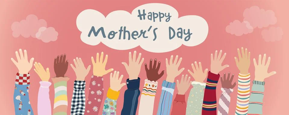 Arms and raised hands of children and babies with text -Happy Mother s Day- Stock Illustration