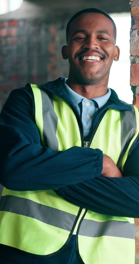 Arms crossed, engineer and face of man on construction site for about us Stock Footage 340964735