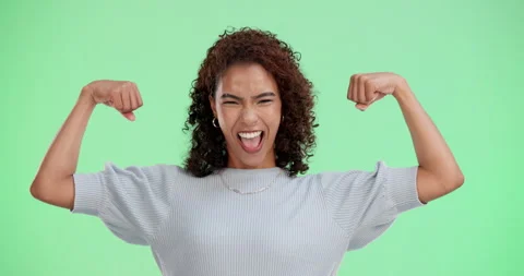 Arms, flexing and green screen with smile of person in studio on fitness for Stock Footage 305808343
