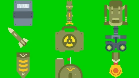 Army badges on green screen featuring shield armor mech rocket nuclear antiair Stock Footage 334704227