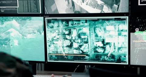 Army, check and computer screen for security video, military air control and Stock Footage 303650876