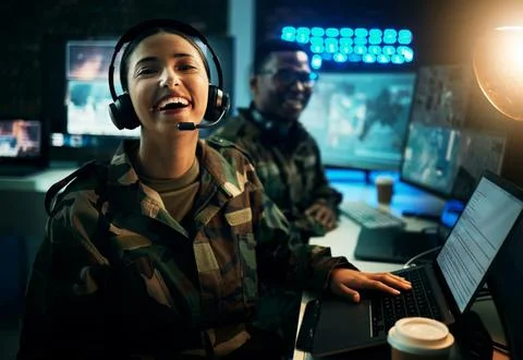 Army control room, computer and woman in smile, headset and tech communication Stock Photos