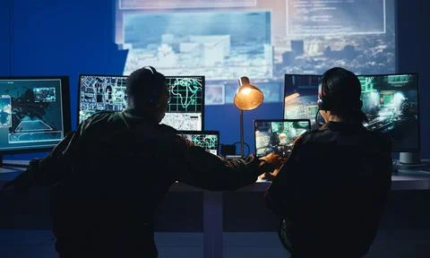 Army control room, computer and team in surveillance, help and collaboration in Stock Photos