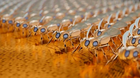 Army of countless small artificial bee robots in a loop ready for important work Stock Footage 201237297