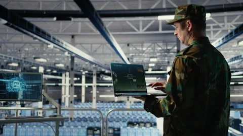 Army expert in data center integrating AI machine learning into radar systems Stock Footage 314804140