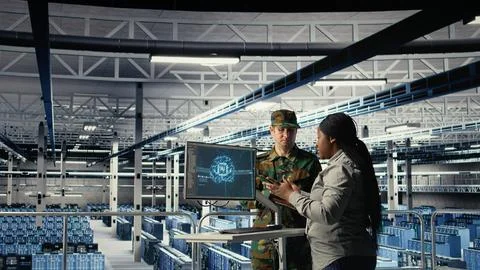 Army experts in server room use artificial intelligence program Stock Photos