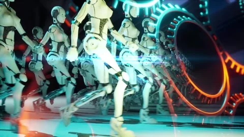 Army of female humanoid robots marching through a gears. Concept of AI Stock Footage 333519834