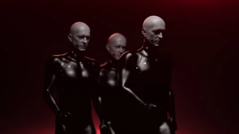 The army of the future. a group of bionic people with a confident gait move i Stock-Footage 243830364
