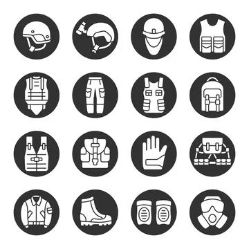 Army gear vector icon set. Military equipment and clothing icons. Stock Illustration