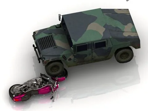 Army heavy jeep has approached wheel on bright civil motorcycle Stock Illustration