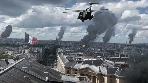 Army Helicopter flying over destroyed Paris city, aerial view Stock Footage 219352113