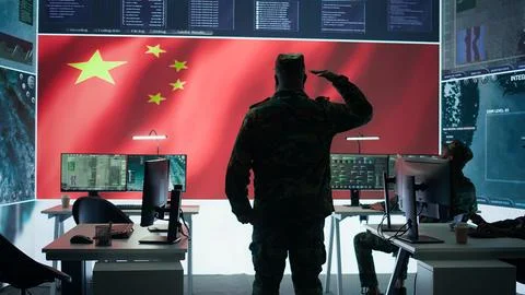 Army IT expert in control center collecting real time battlefield data Stock Photos