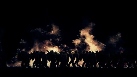 Army of Knights Marching in a Burning Field Stock Footage 94334940