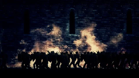 Army of Knights Marching into a Castle or Fortress Stock Footage 94334550